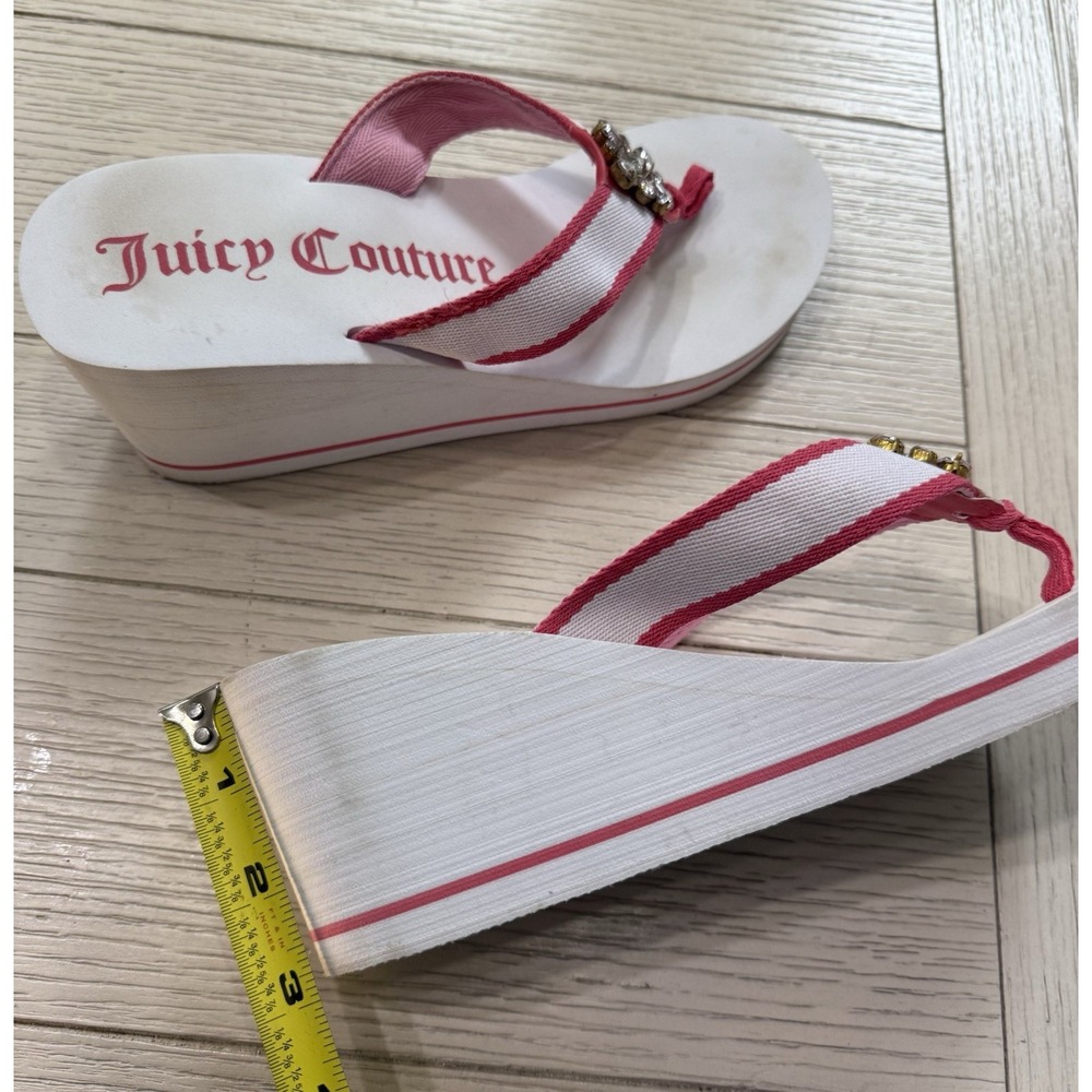 Juicy Couture Platform Wedge Flip Flop Sandals rhinestone white Pink M 7-8 Y2k